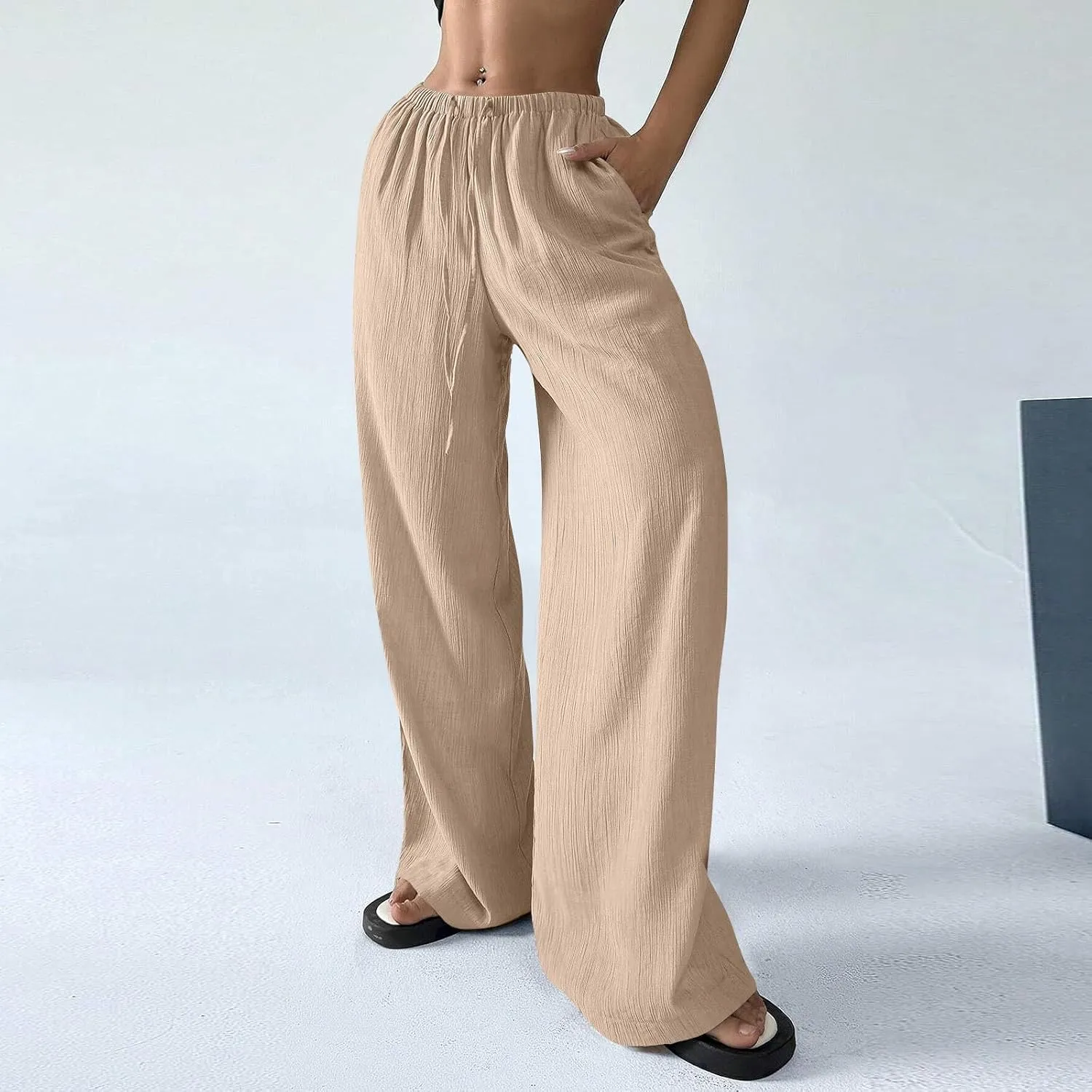 Baggy Wide Leg Linen Pants for Women Plus Size Elastic Waist Pants Textured Summer Beach Palazzo Pants with Pockets