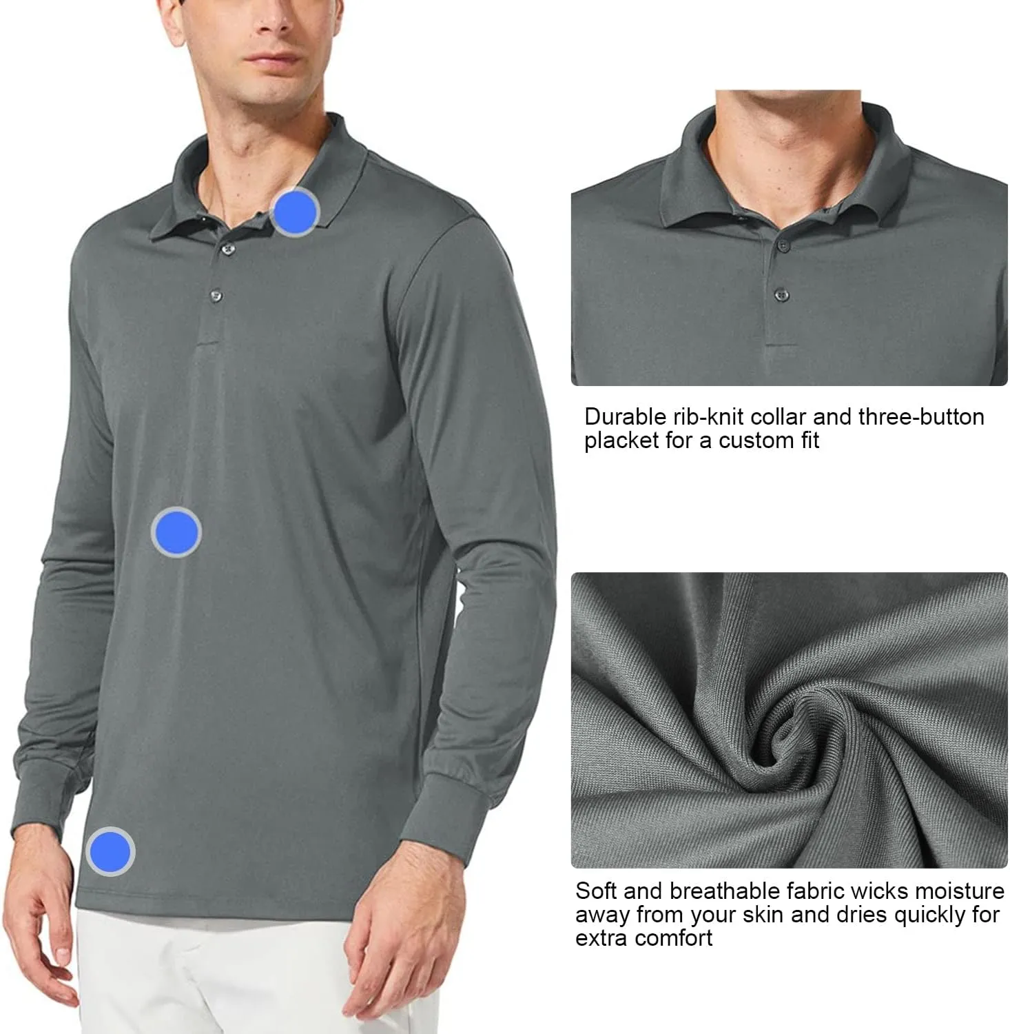 baleaf Men's Long Sleeve Golf Polo Shirt UPF 50 Quick Dry 3 Button Casual Work Outdoor Lightweight Performance Shirts