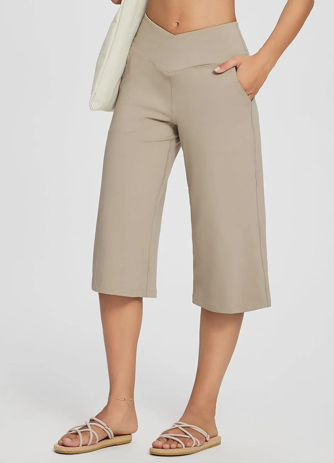 baleaf Women's Wide Leg Yoga Capris Pants with Pockets Crossover Waist Loose Plus Size Cropped Pants Casual Summer