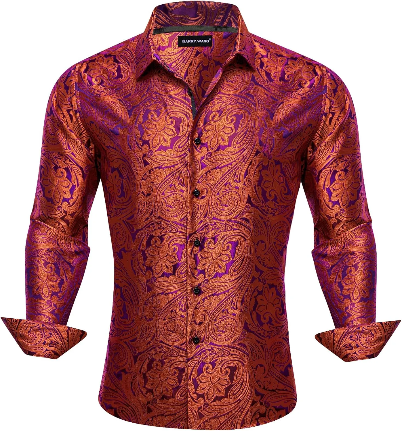 Barry.Wang Men's Dress Shirt Paisley Silk Long Sleeve Button Down Shirts Formal Wedding Regular Fit Tops Disco Party