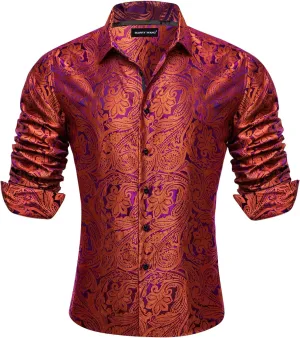 Barry.Wang Men's Dress Shirt Paisley Silk Long Sleeve Button Down Shirts Formal Wedding Regular Fit Tops Disco Party