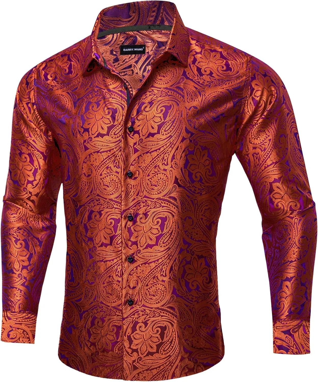 Barry.Wang Men's Dress Shirt Paisley Silk Long Sleeve Button Down Shirts Formal Wedding Regular Fit Tops Disco Party
