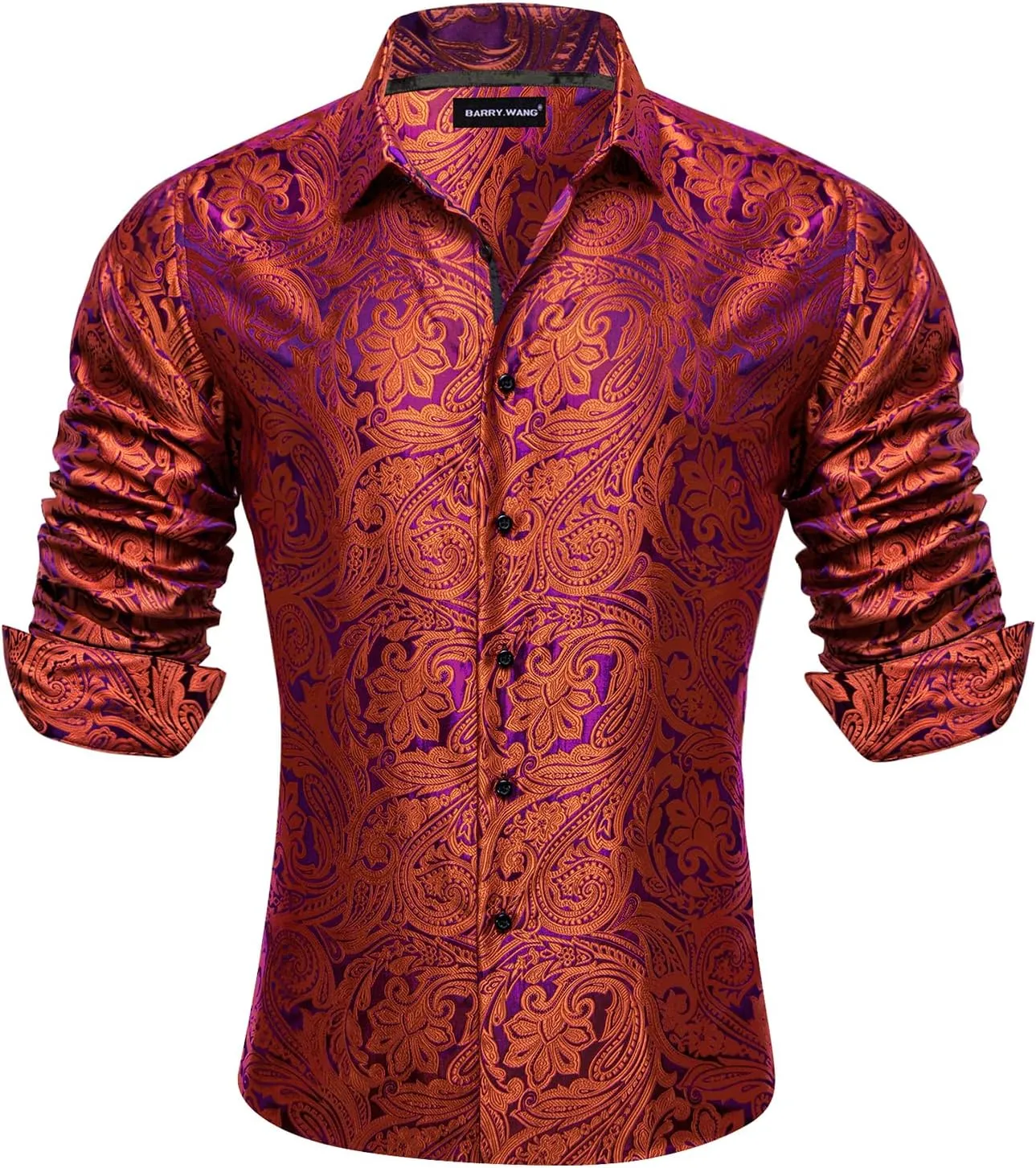Barry.Wang Men's Dress Shirt Paisley Silk Long Sleeve Button Down Shirts Formal Wedding Regular Fit Tops Disco Party