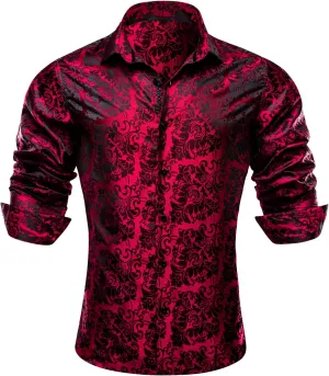 Barry.Wang Men's Dress Shirt Paisley Silk Long Sleeve Button Down Shirts Formal Wedding Regular Fit Tops Disco Party