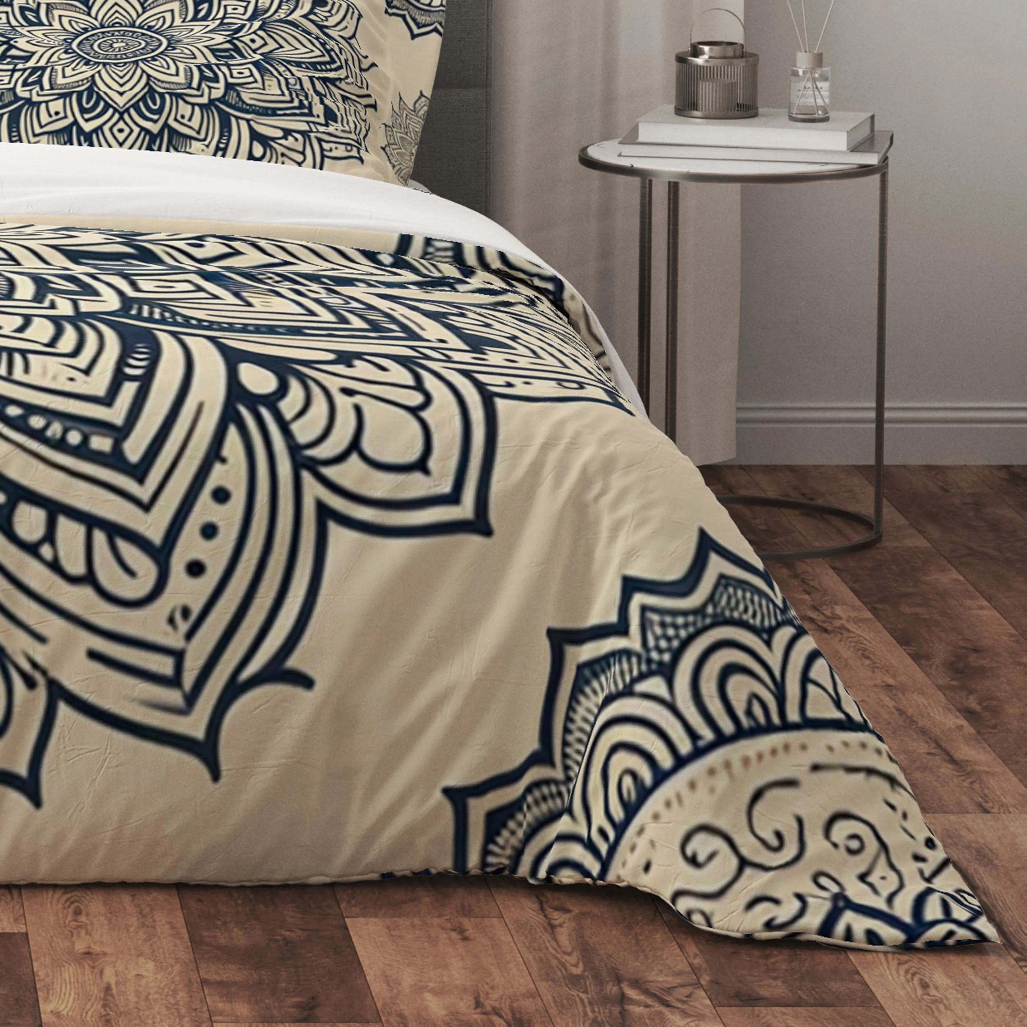 Beige Floral Indian Mandala Reversible Quilt Cover Duvet Cover Set