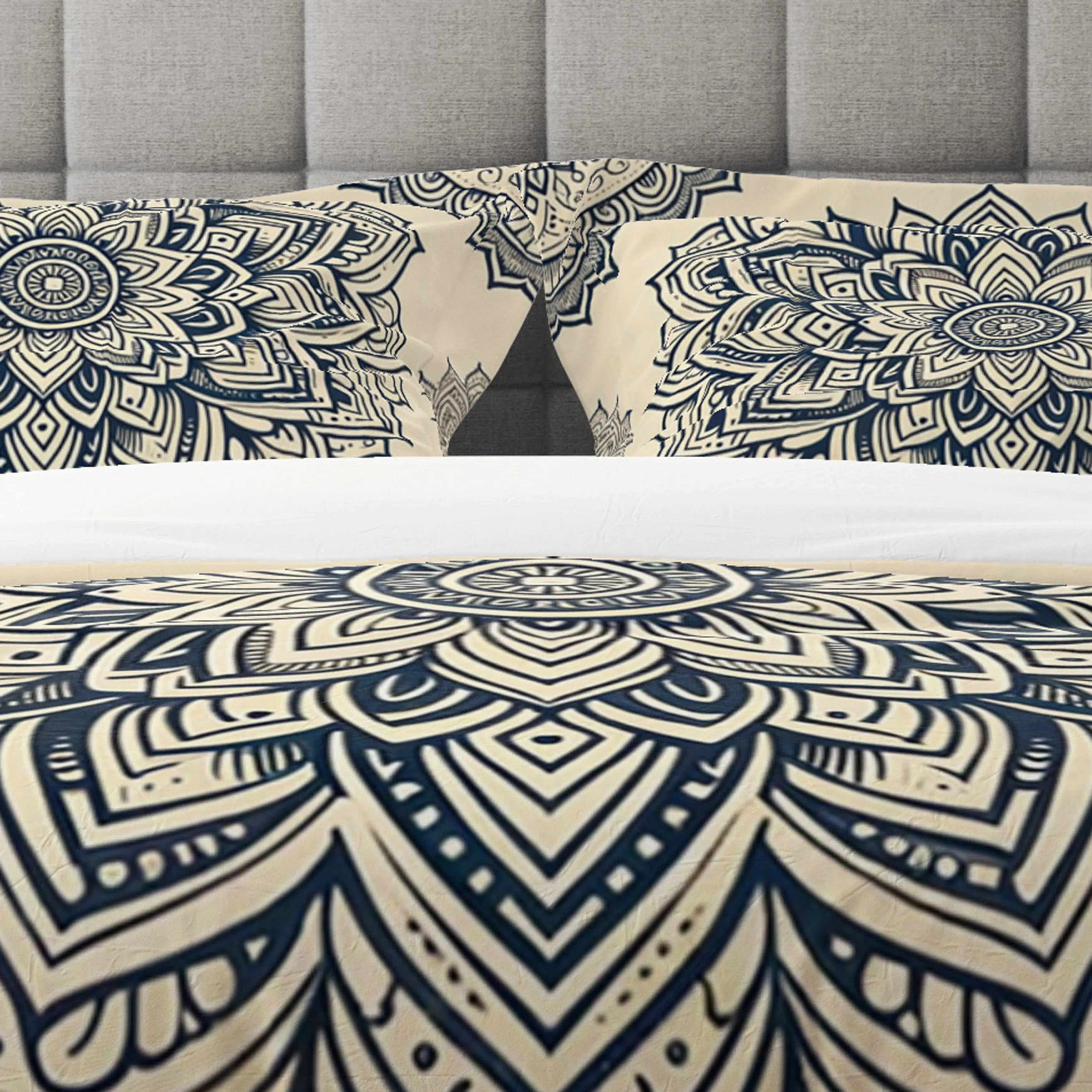 Beige Floral Indian Mandala Reversible Quilt Cover Duvet Cover Set