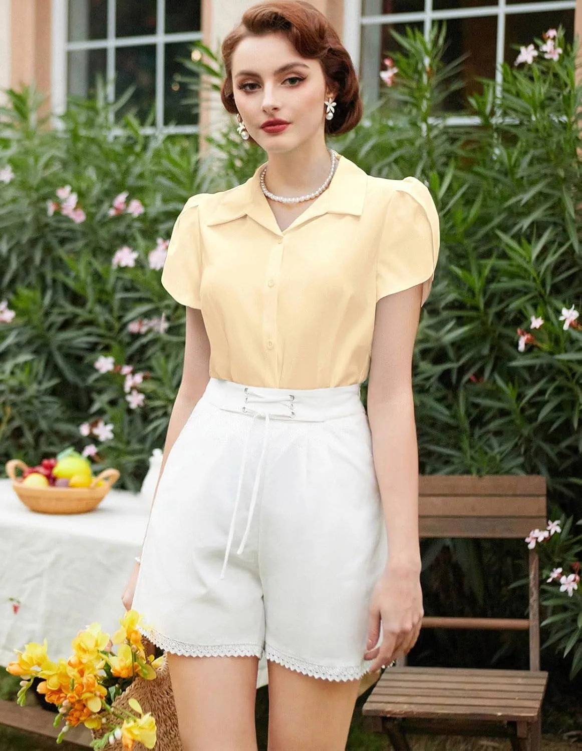 Belle Poque Summer Short Sleeve Button Down Blouse for Women V Neck Vintage Business Casual Shirts Tops