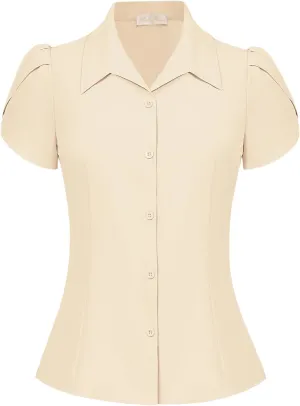 Belle Poque Summer Short Sleeve Button Down Blouse for Women V Neck Vintage Business Casual Shirts Tops