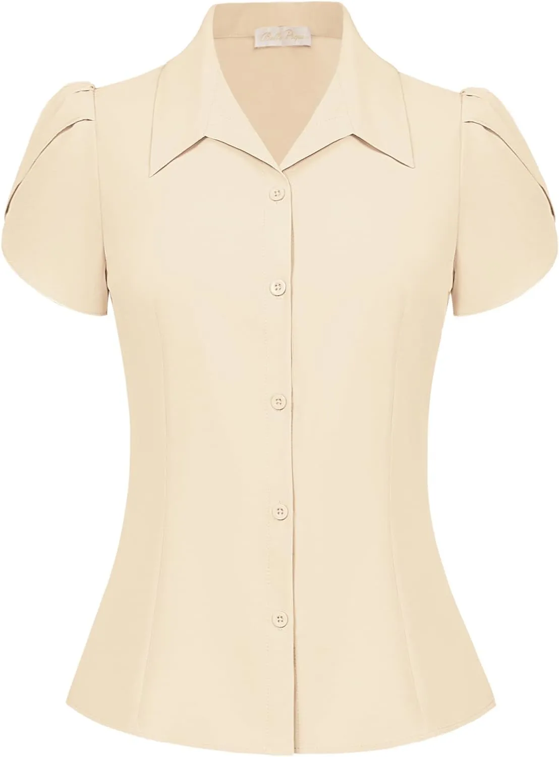 Belle Poque Summer Short Sleeve Button Down Blouse for Women V Neck Vintage Business Casual Shirts Tops