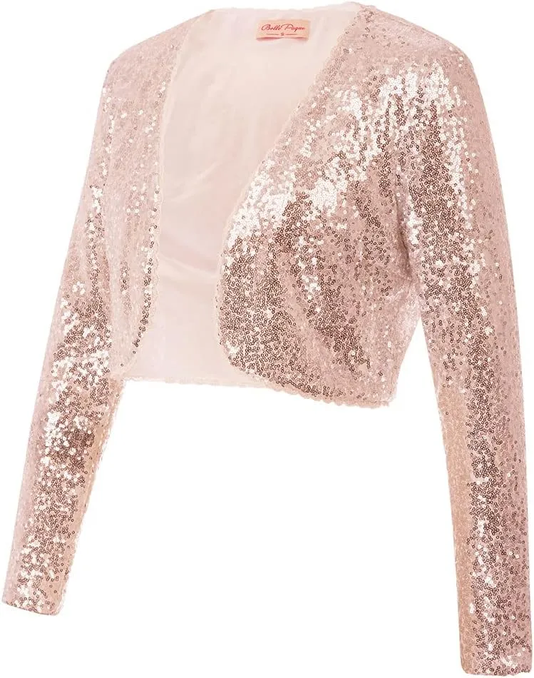 Belle Poque Women's Sequin Jacket Open Front Long Sleeve Sparkly Blazer Bolero Shrugs for Dresses S-XXL