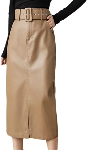 Belt Mid-Length High Waist Skirts Solid Pocket A-Line Straight Split Pencil Skirt Hip-Wrap PU Leather Skirts Coffee