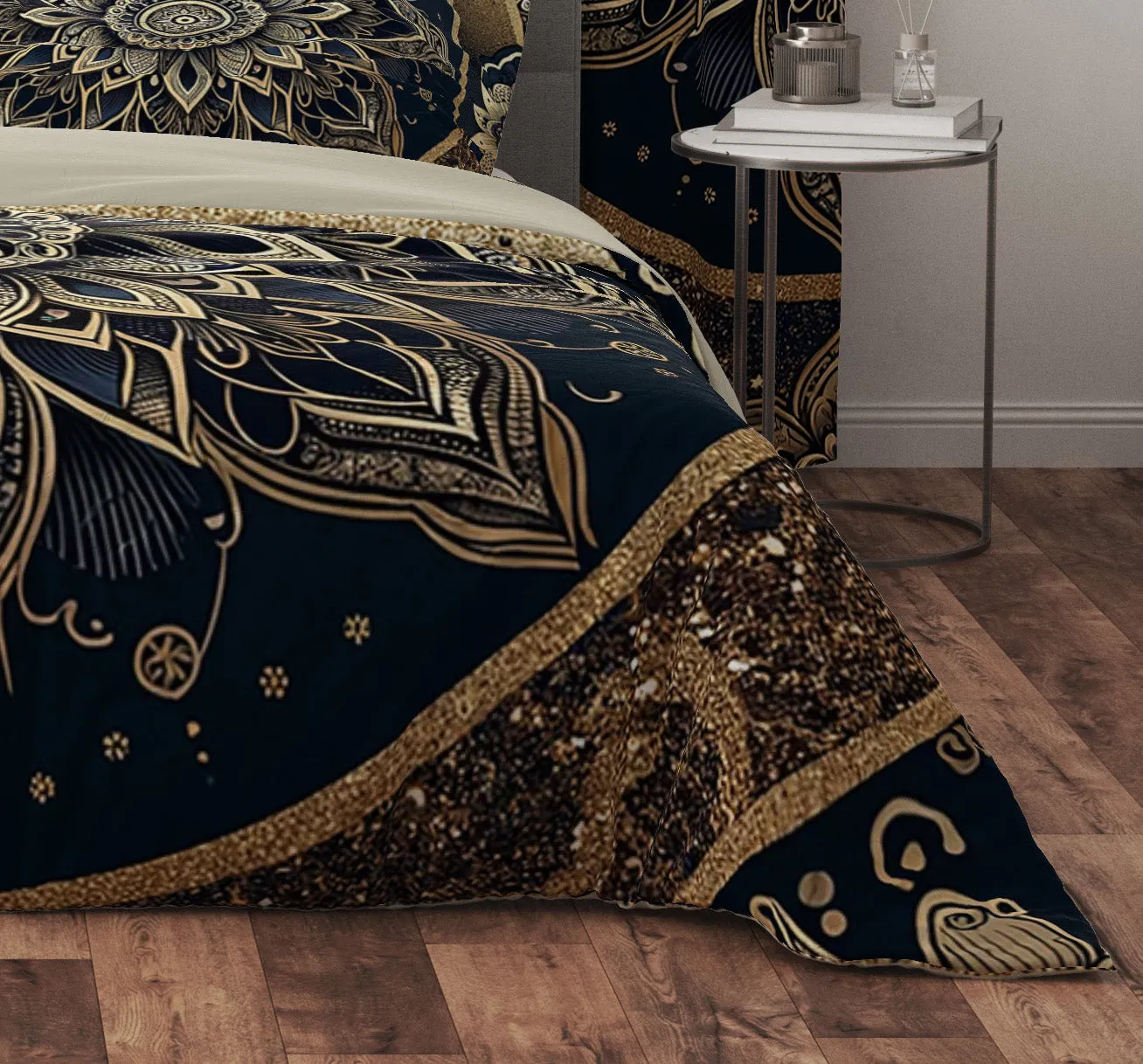 Black Gold Lotus Mandala Reversible Quilt Cover Duvet Cover Set
