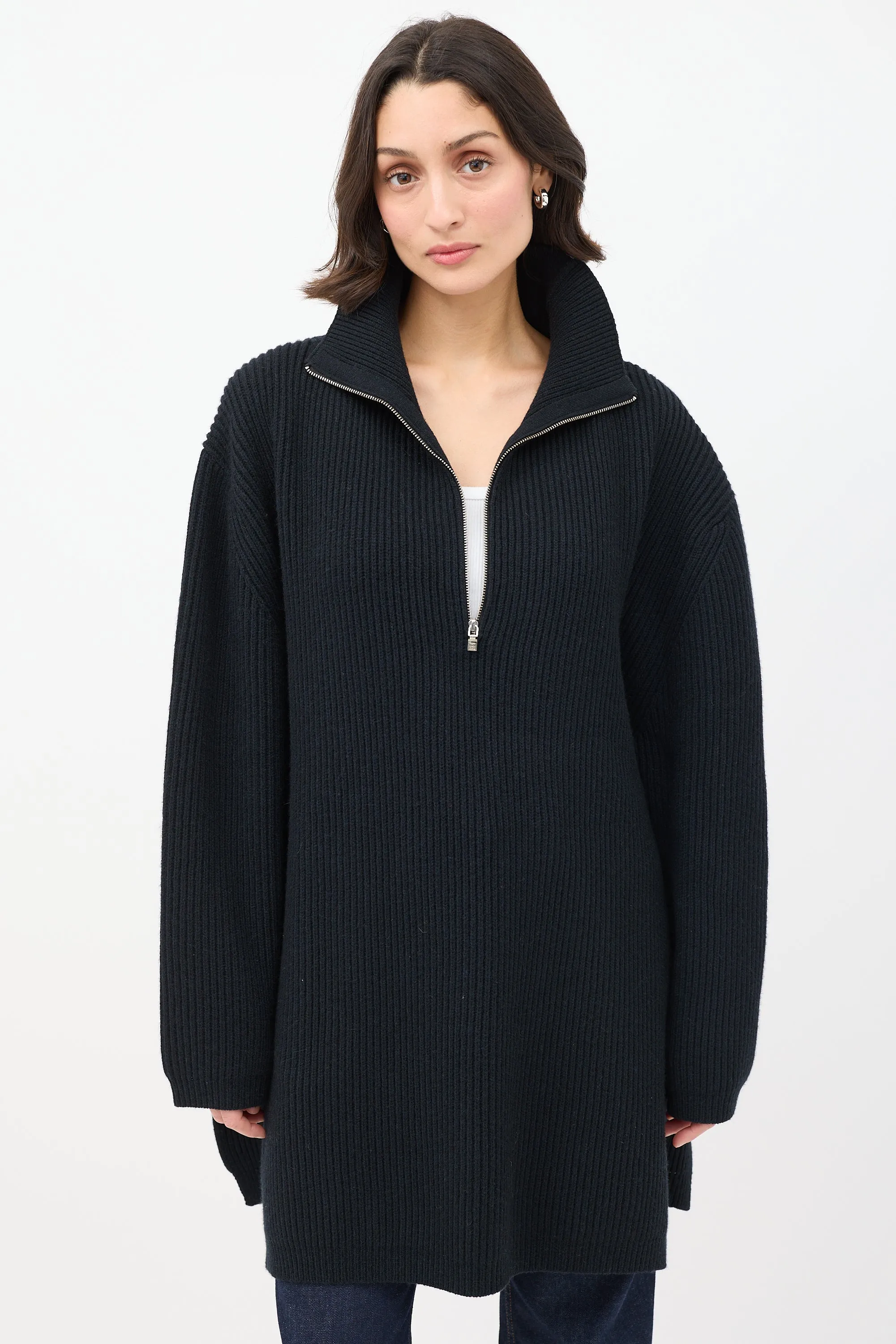 Black Wool Fisherman Zipper Knit Sweater