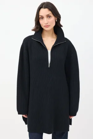 Black Wool Fisherman Zipper Knit Sweater