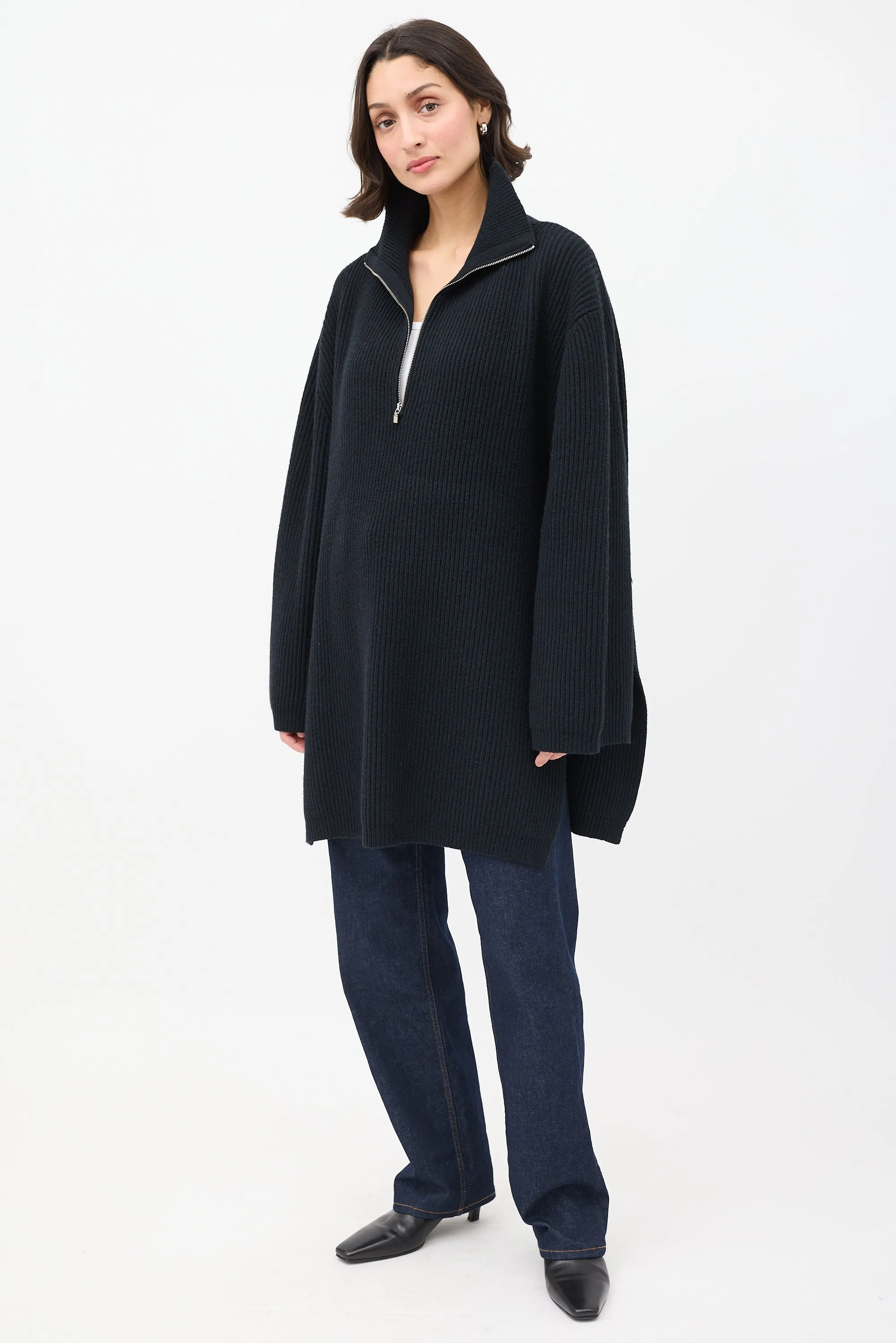 Black Wool Fisherman Zipper Knit Sweater