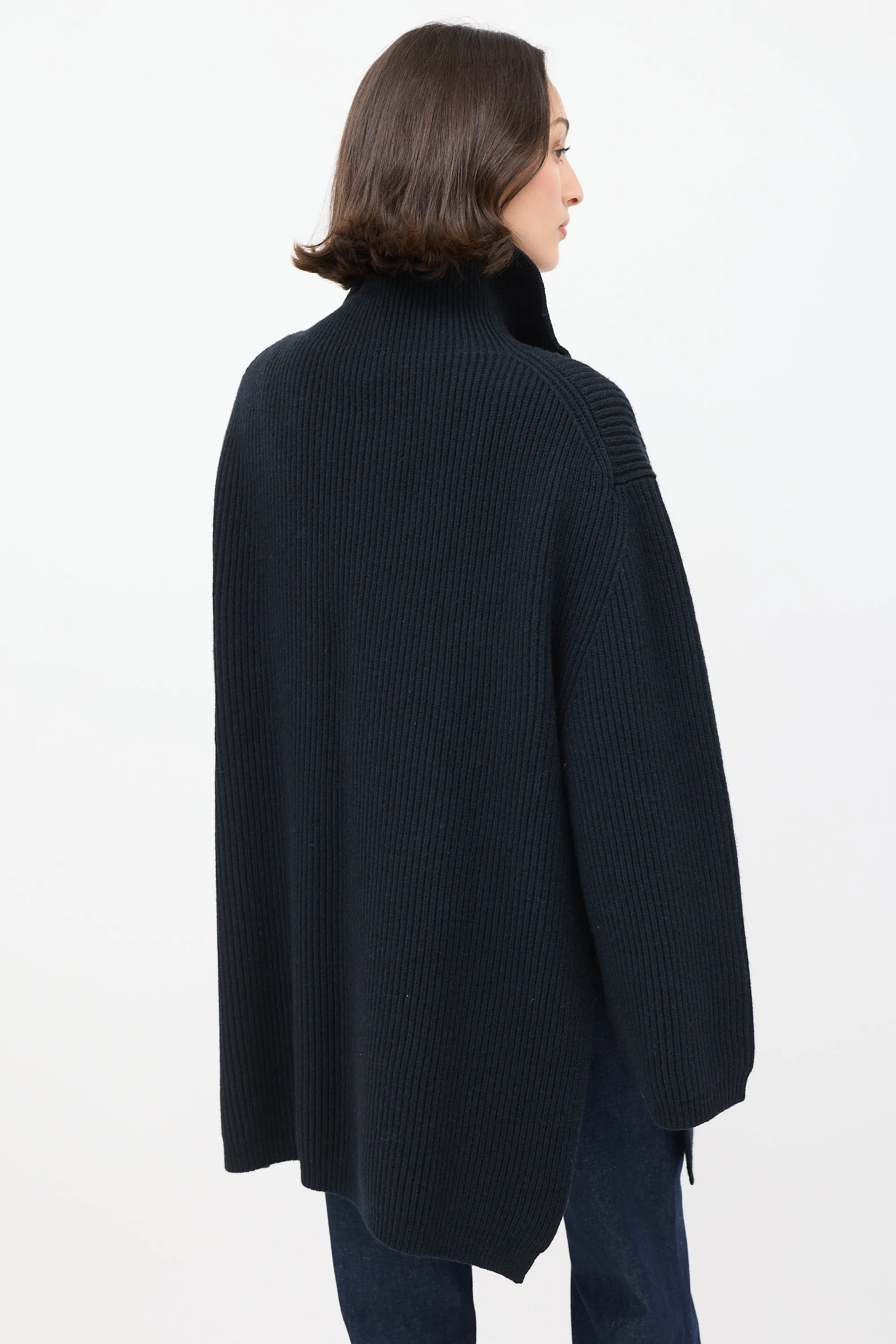 Black Wool Fisherman Zipper Knit Sweater
