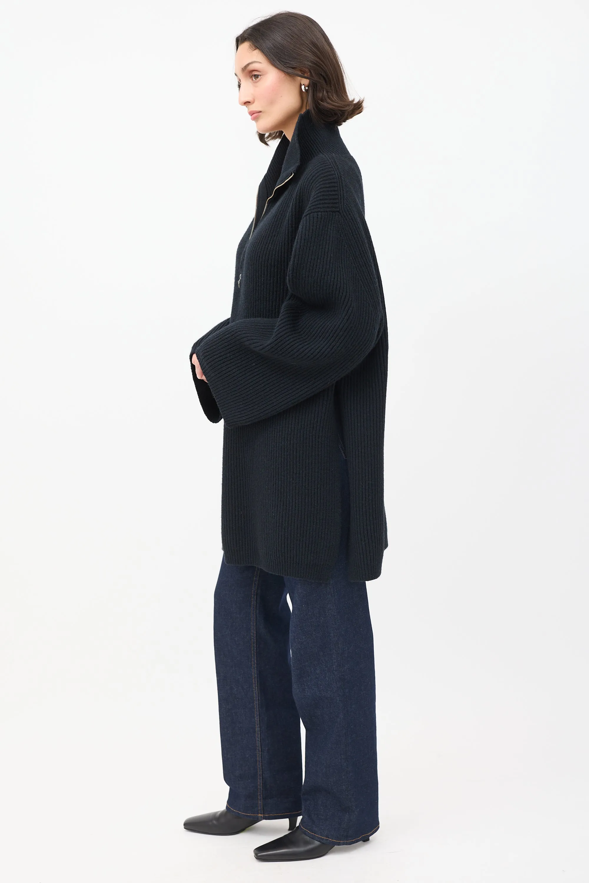 Black Wool Fisherman Zipper Knit Sweater