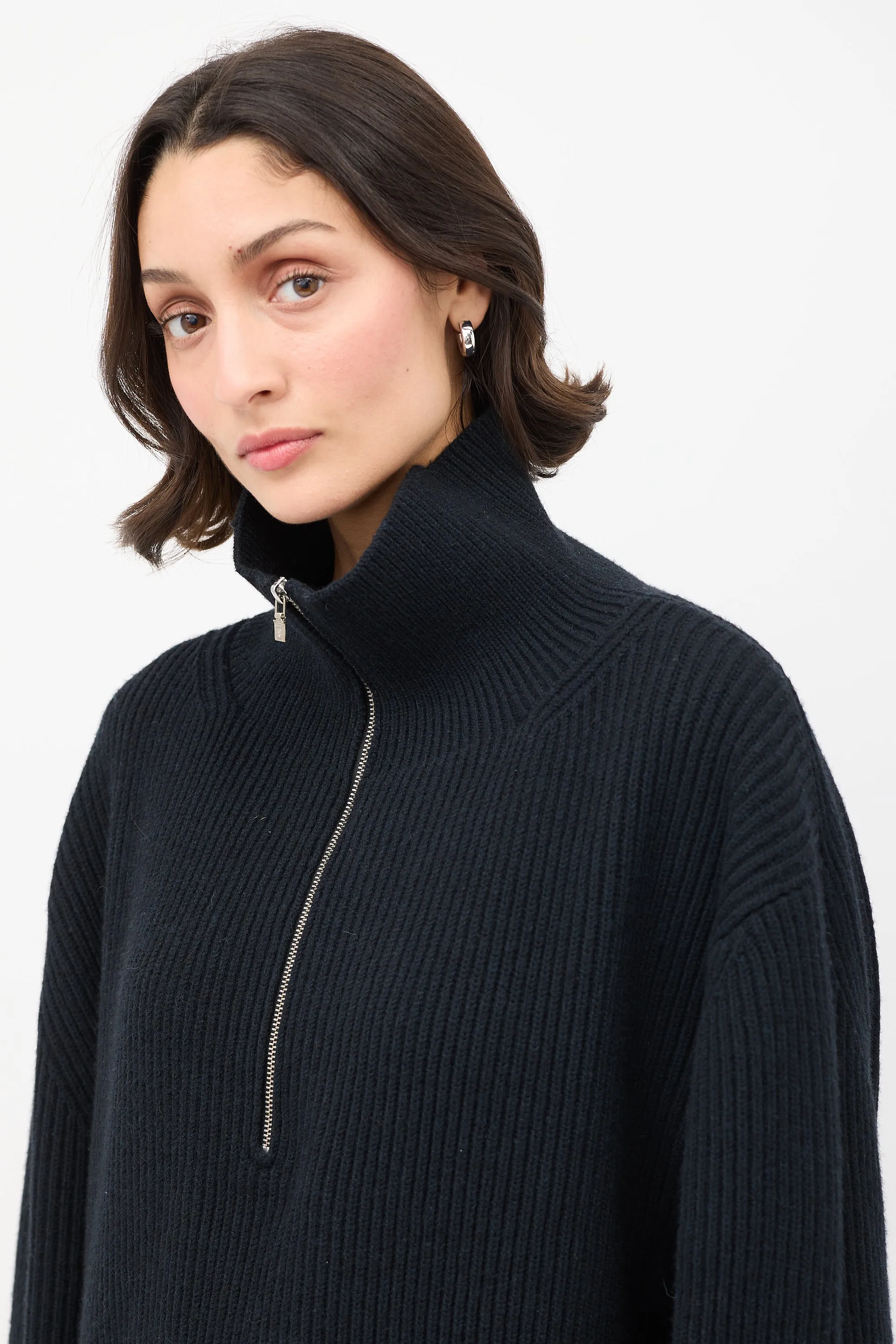 Black Wool Fisherman Zipper Knit Sweater