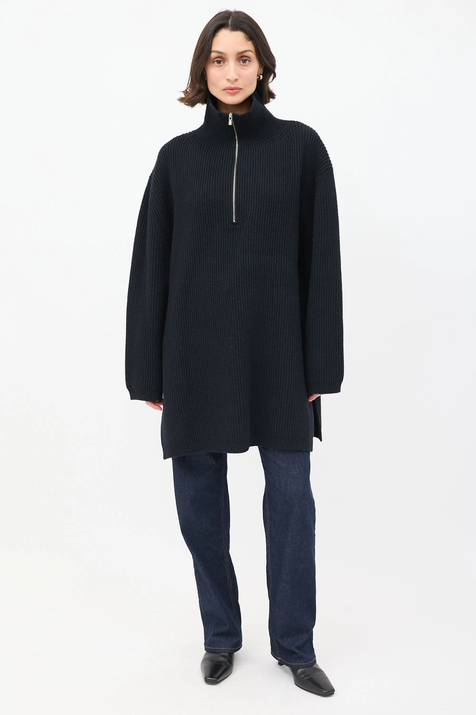 Black Wool Fisherman Zipper Knit Sweater