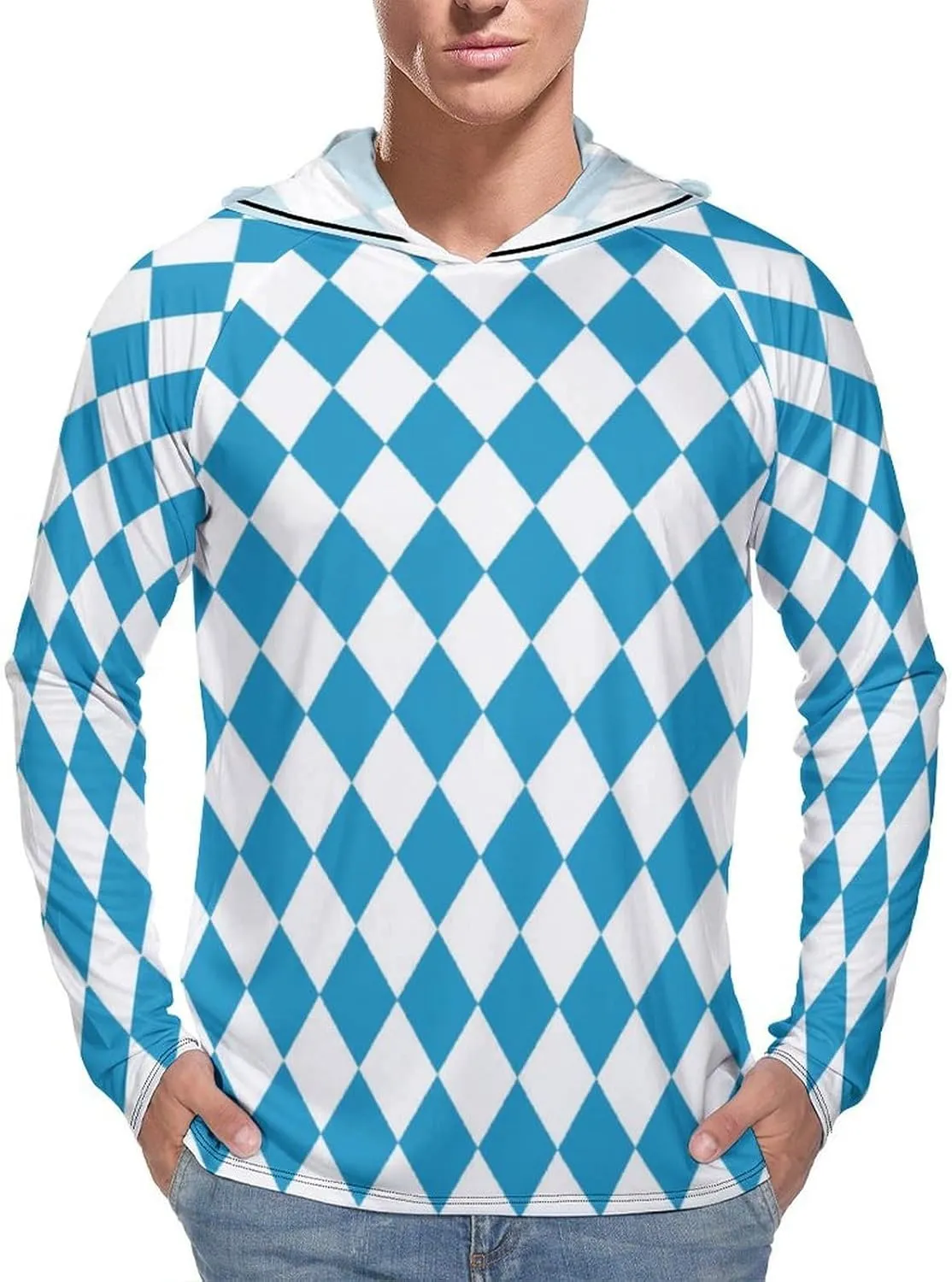 Blue Rhombus Geometry Men's Quick Dry Long Sleeve Shirts UV Sun Protection Moisture Wicking T-Shirt 3XL