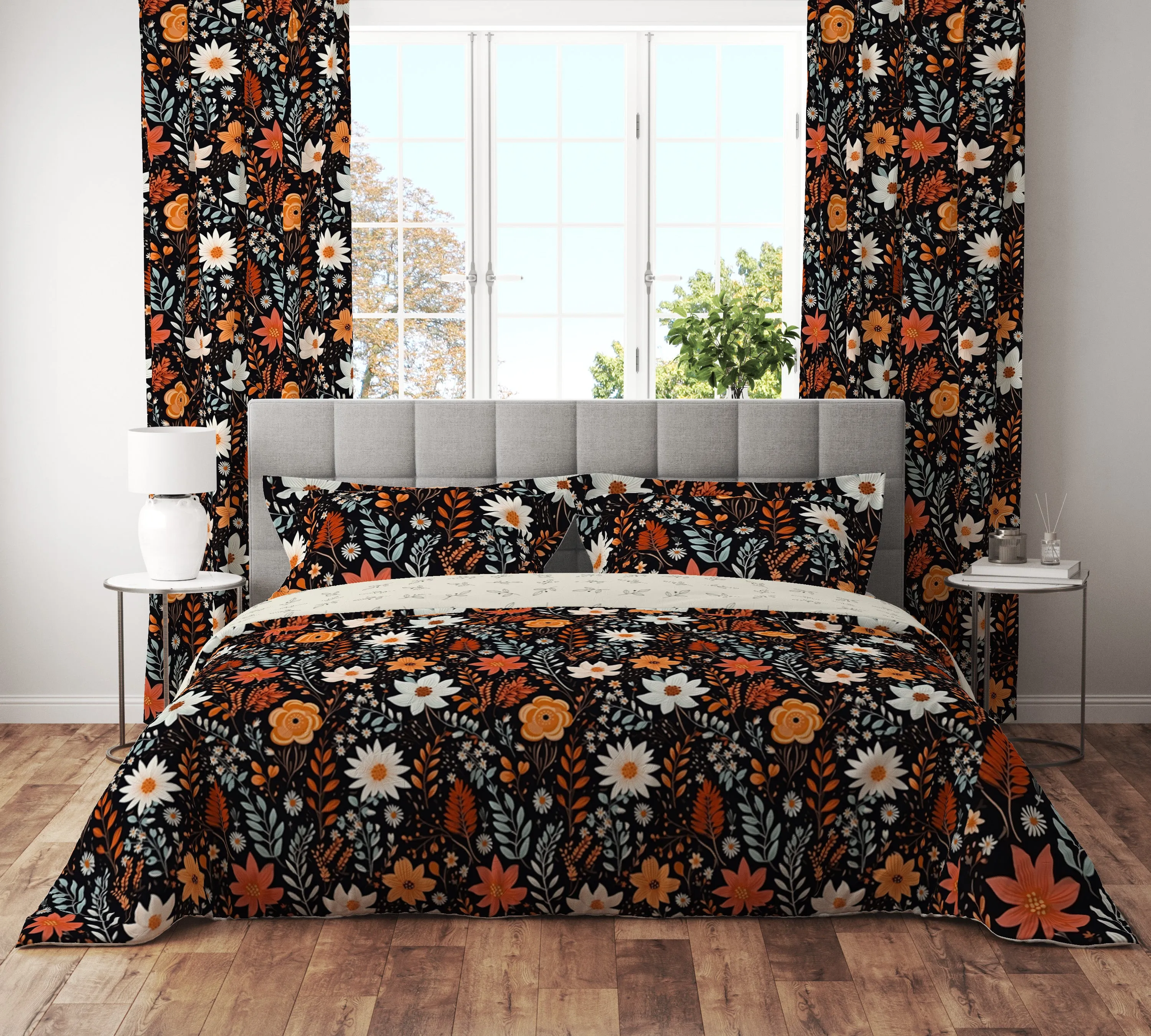 Bohemian Black Orange Wild Floral Cotton Reversible Quilt Cover Set