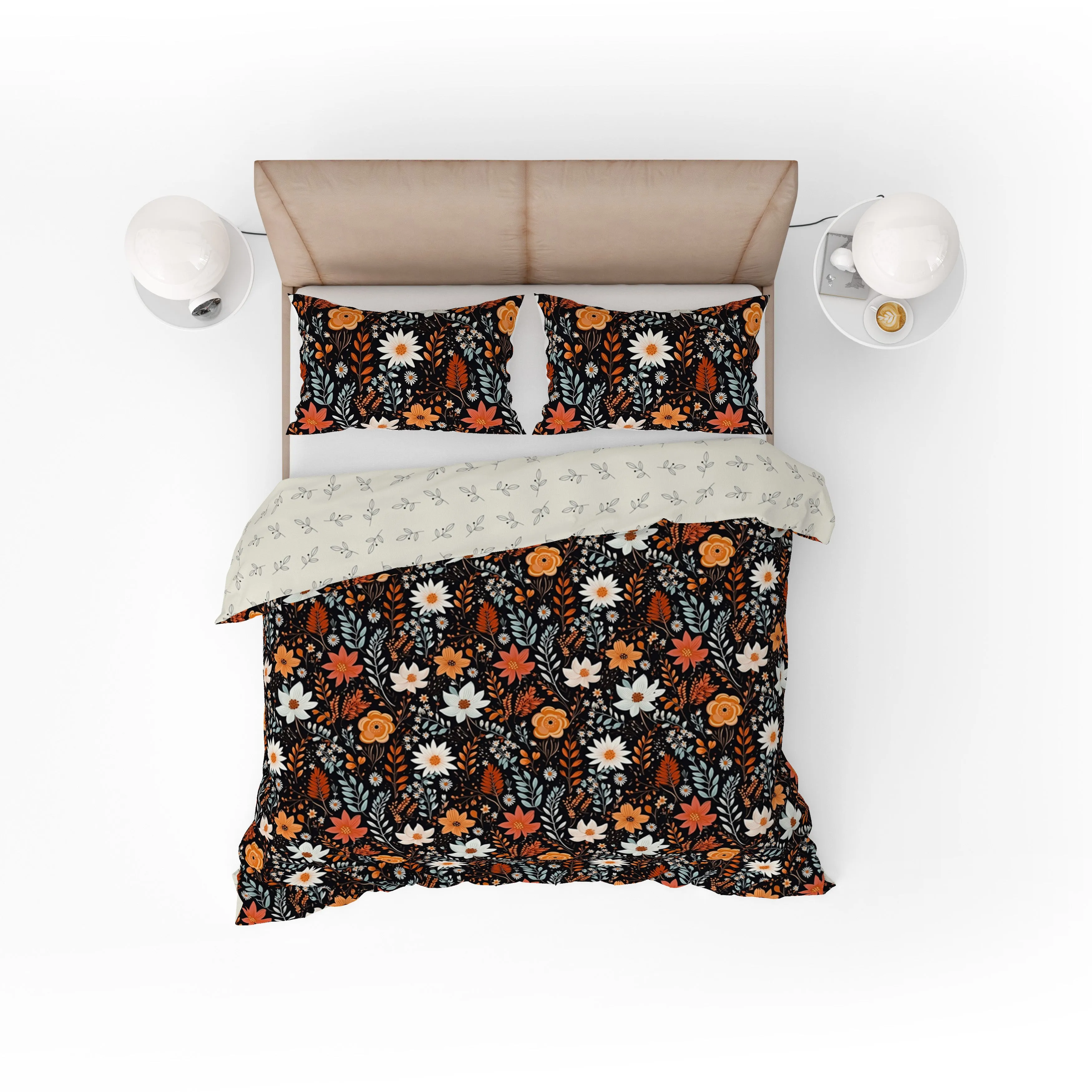Bohemian Black Orange Wild Floral Cotton Reversible Quilt Cover Set