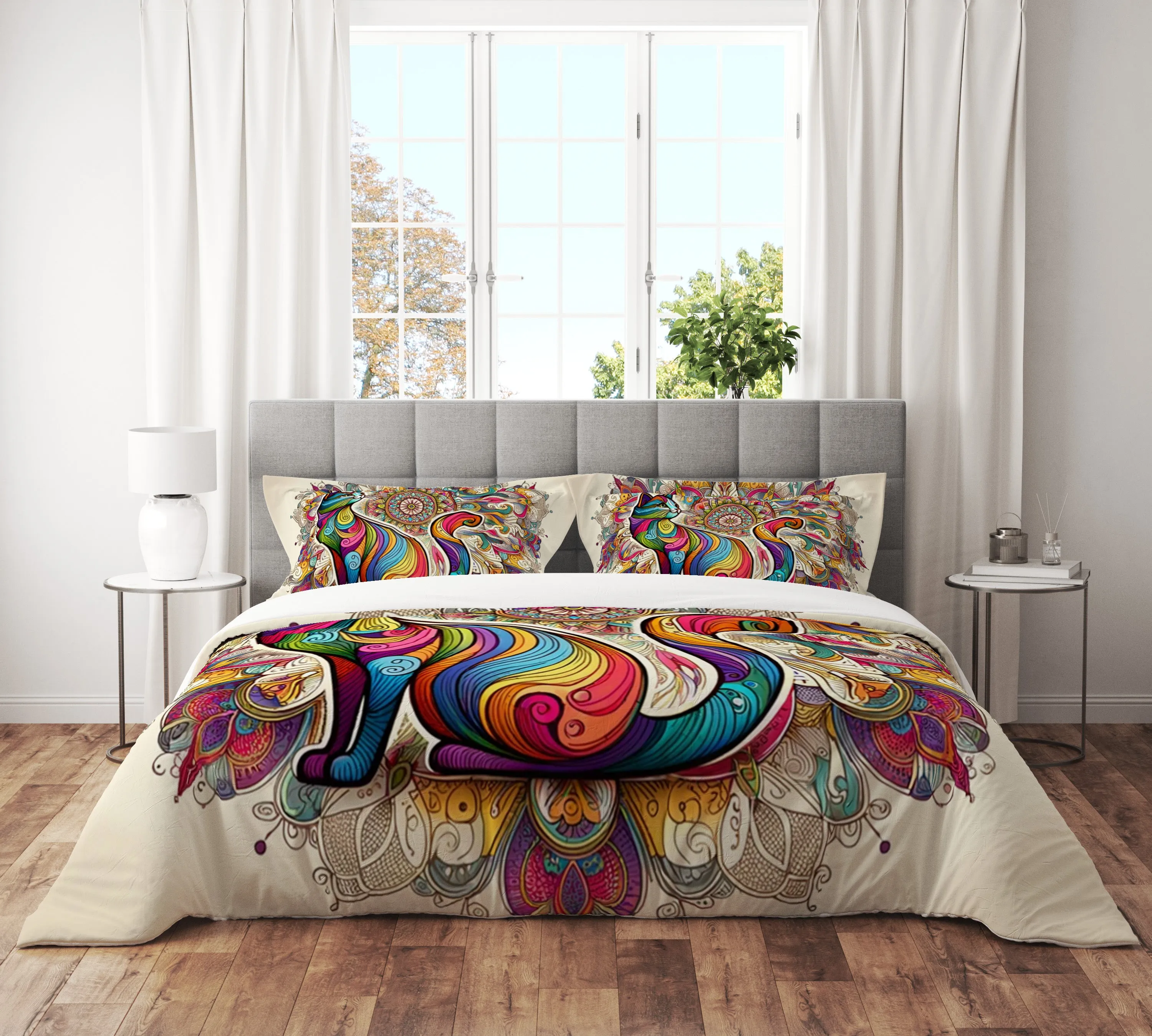 Bohemian Cat Indian Mandala Reversible Quilt Cover Duvet Cover Set