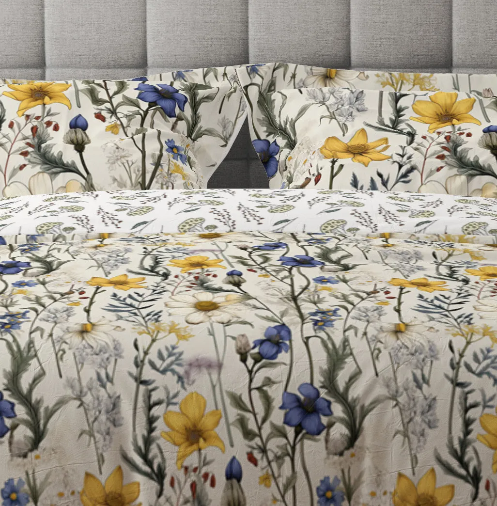 Bohemian Fantasy Wild Floral Yellow Purple Cotton Reversible Quilt Cover Set
