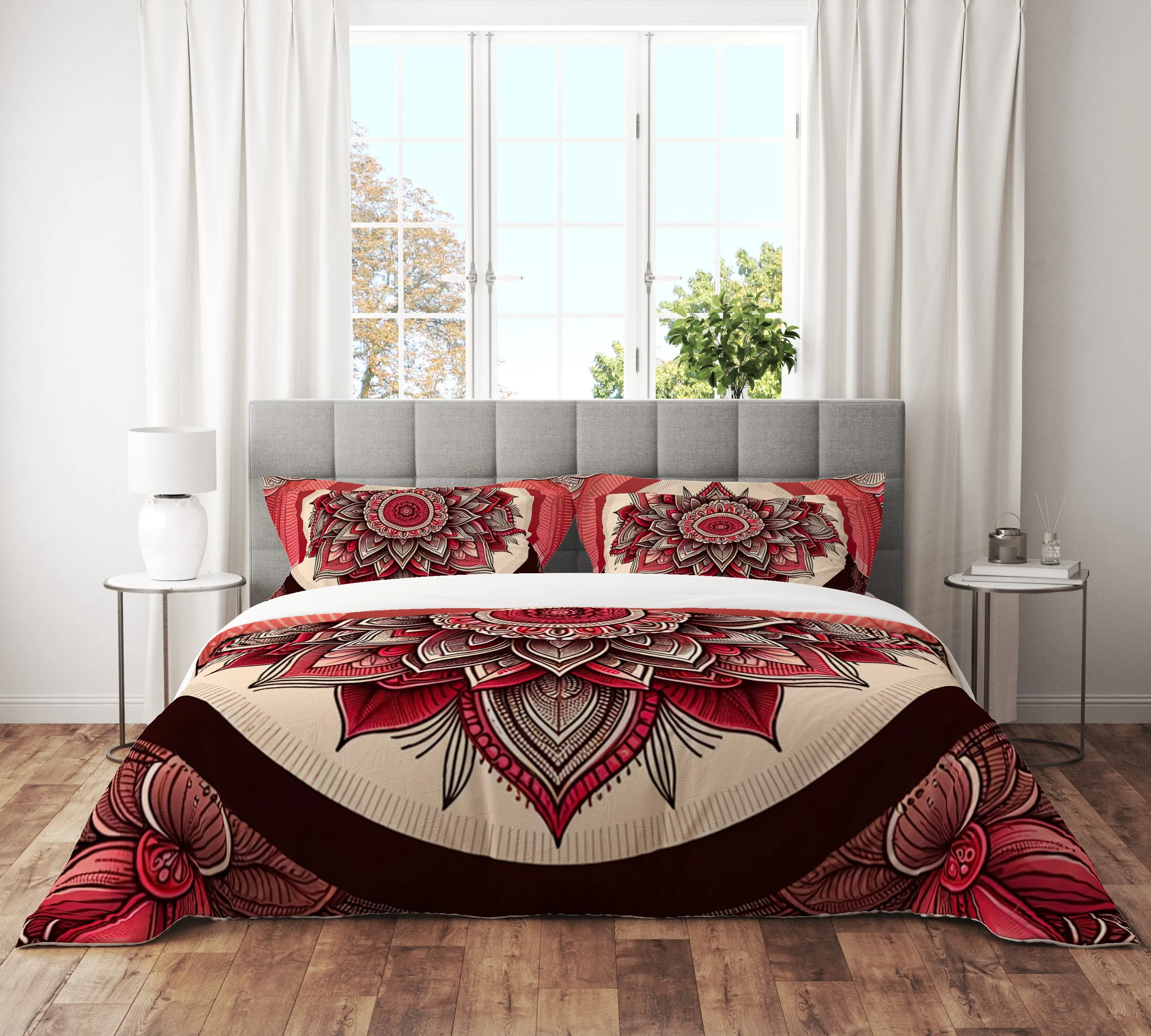 Bohemian Flaming Red Indian Mandala Reversible Quilt Cover Duvet Cover Set