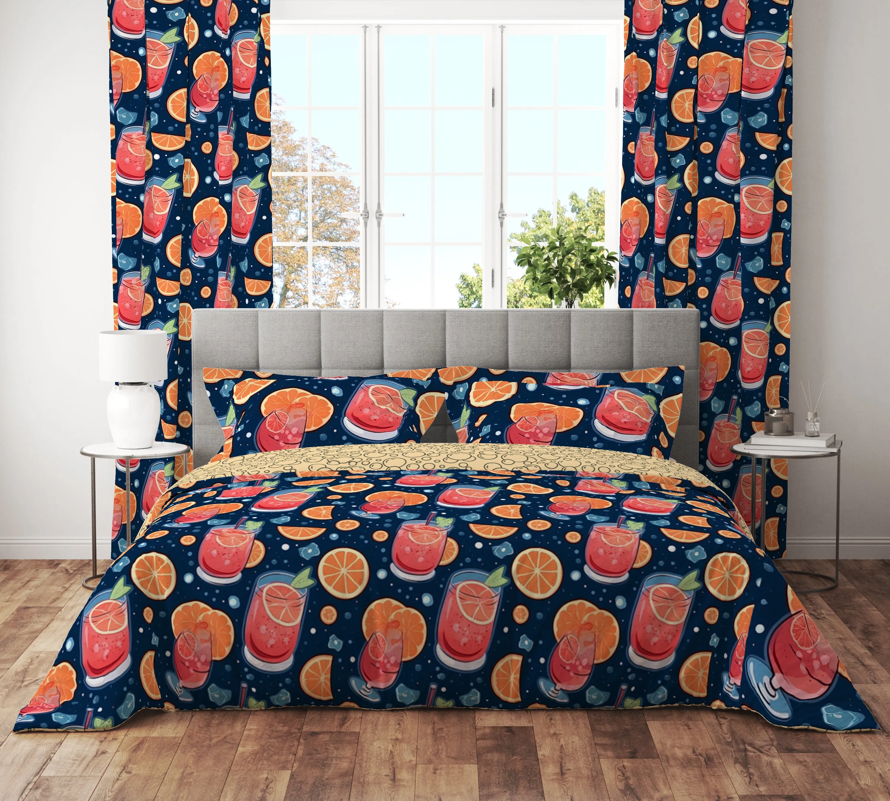 Bohemian Lemon Drink Holiday Fun Red Cotton Reversible Quilt Cover Set