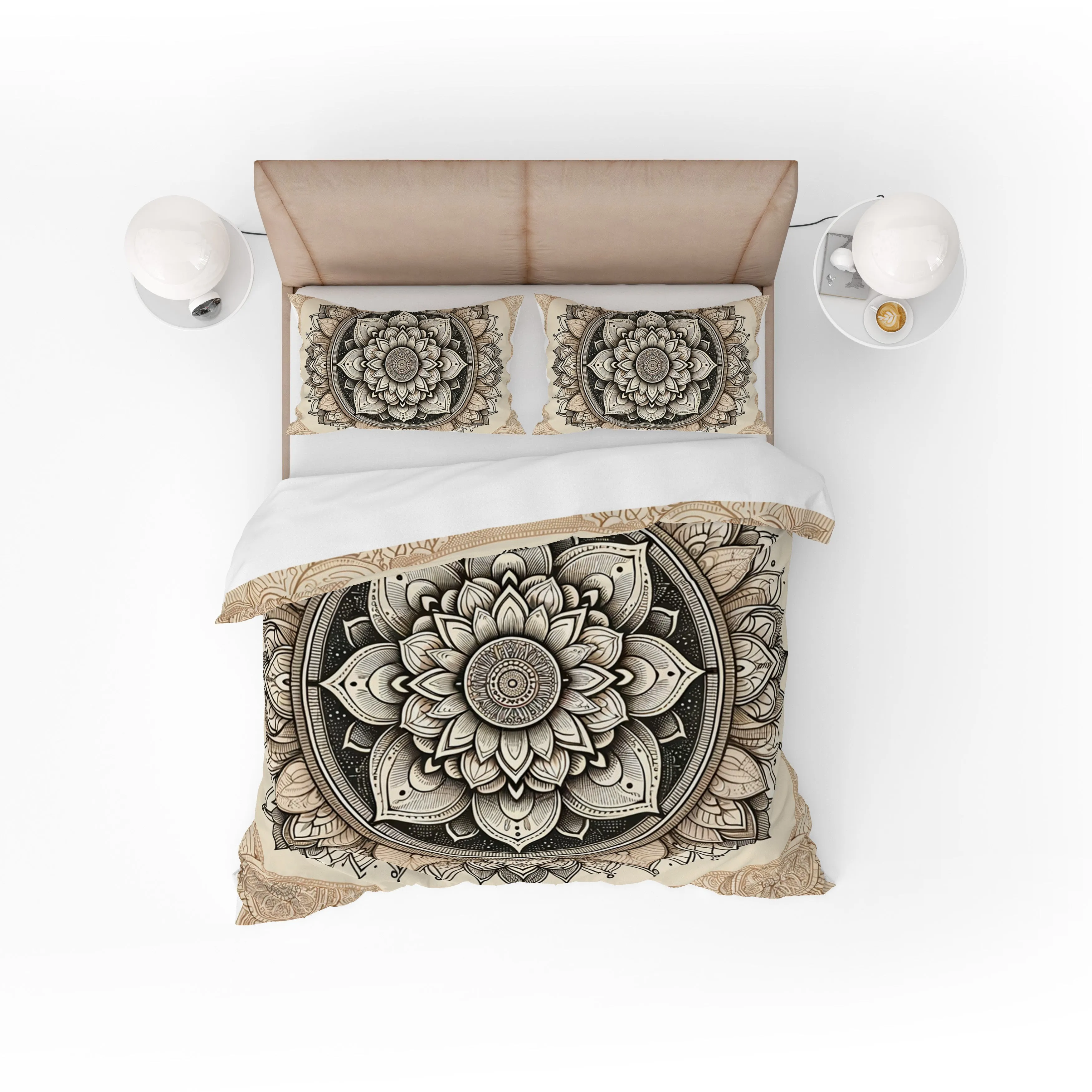Bohemian Mocha Gold Indian Mandala Reversible Quilt Cover Duvet Cover Set