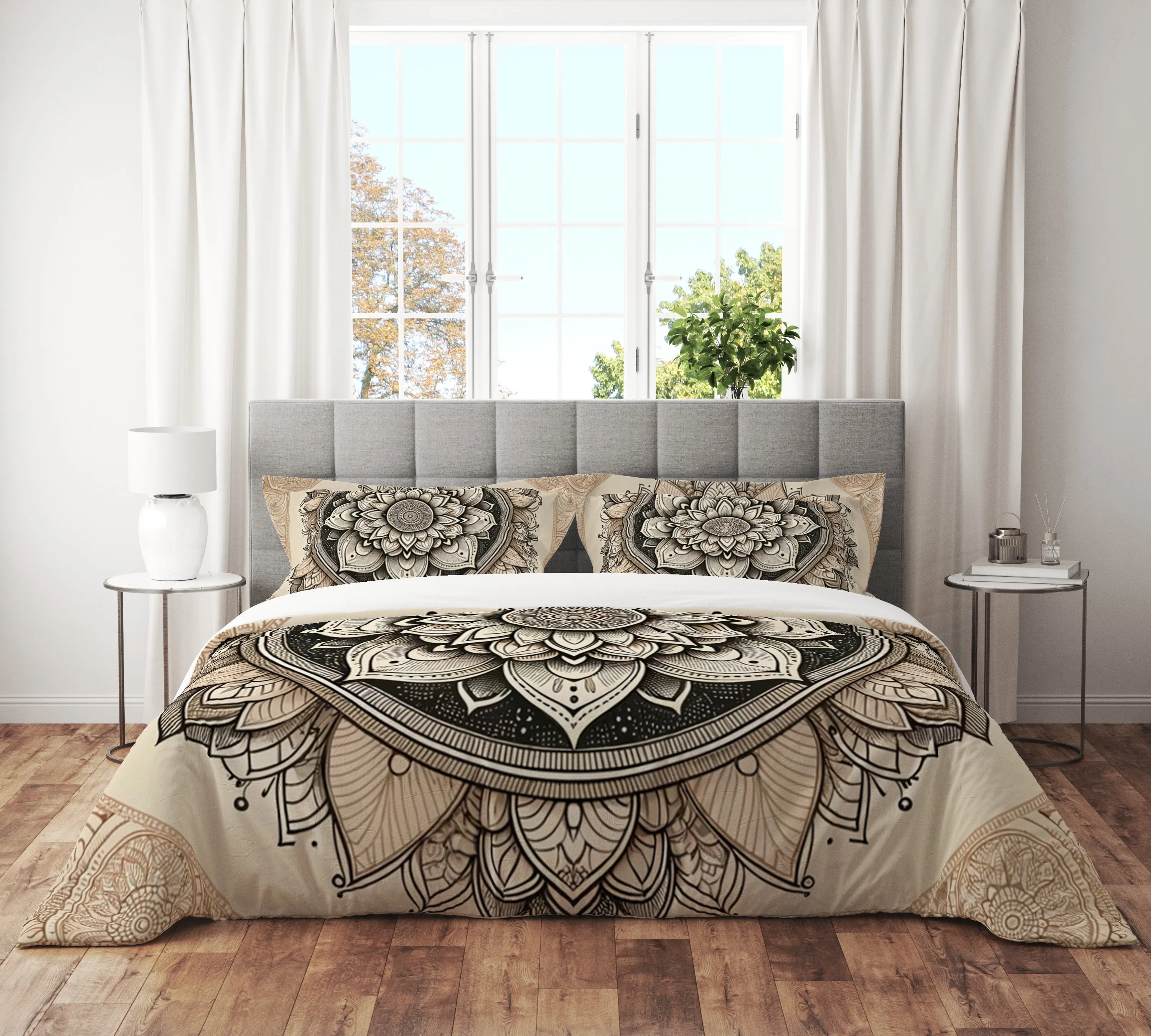 Bohemian Mocha Gold Indian Mandala Reversible Quilt Cover Duvet Cover Set