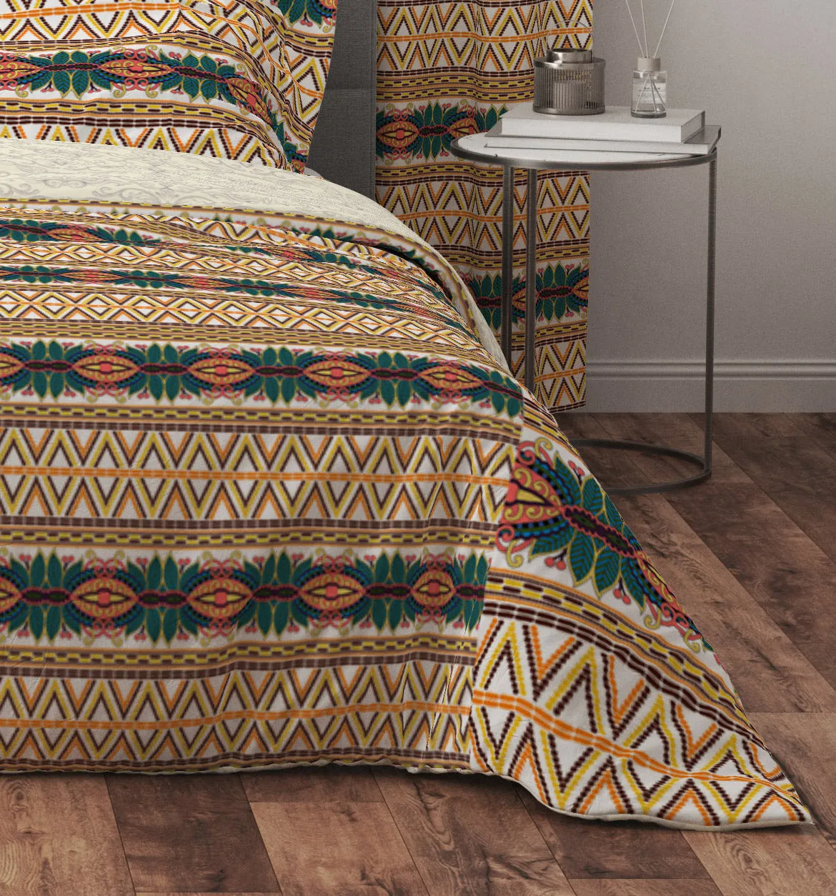 Bohemian Multicolour Geometrical Floral Cotton Reversible Quilt Cover Set