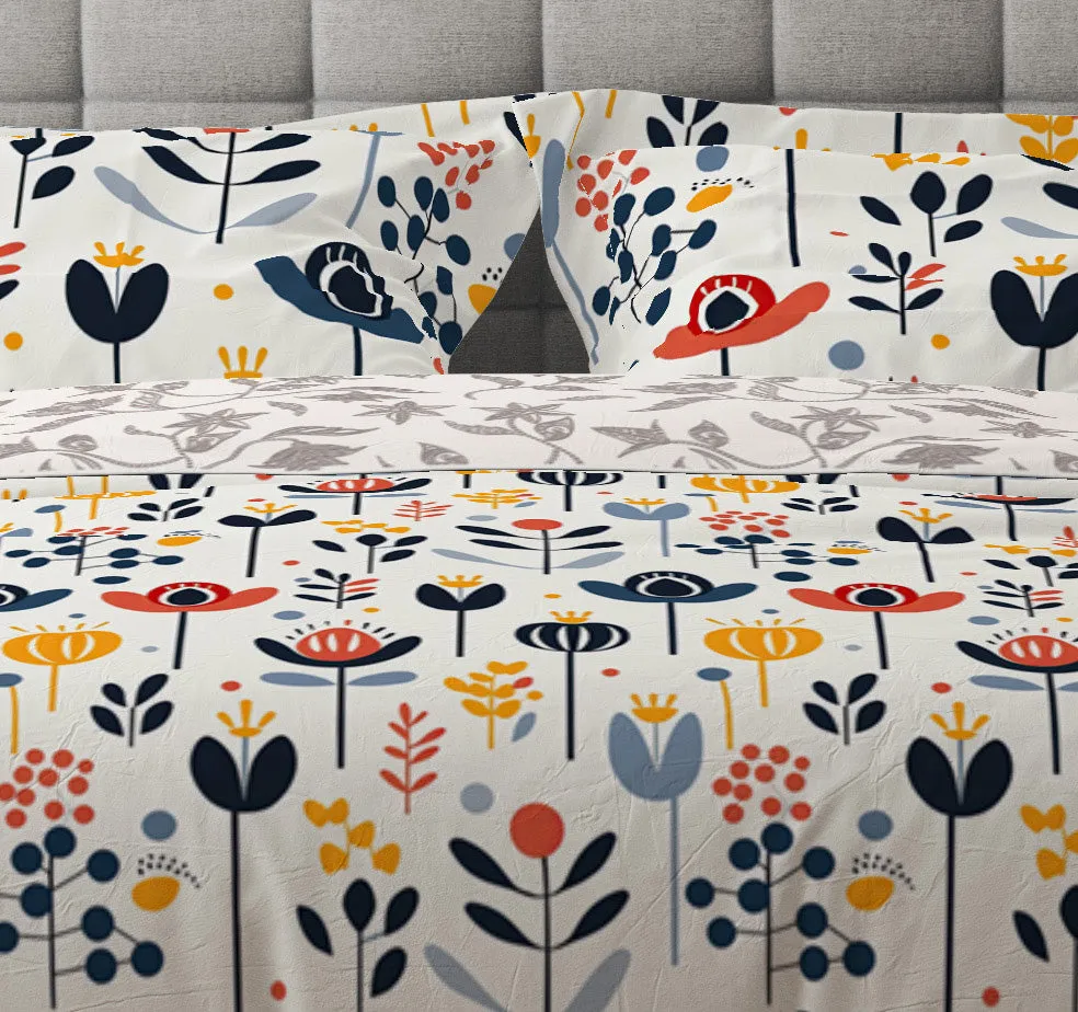 Bohemian Multicoloured Scandinavian Floral Red Cotton Reversible Quilt Cover Set
