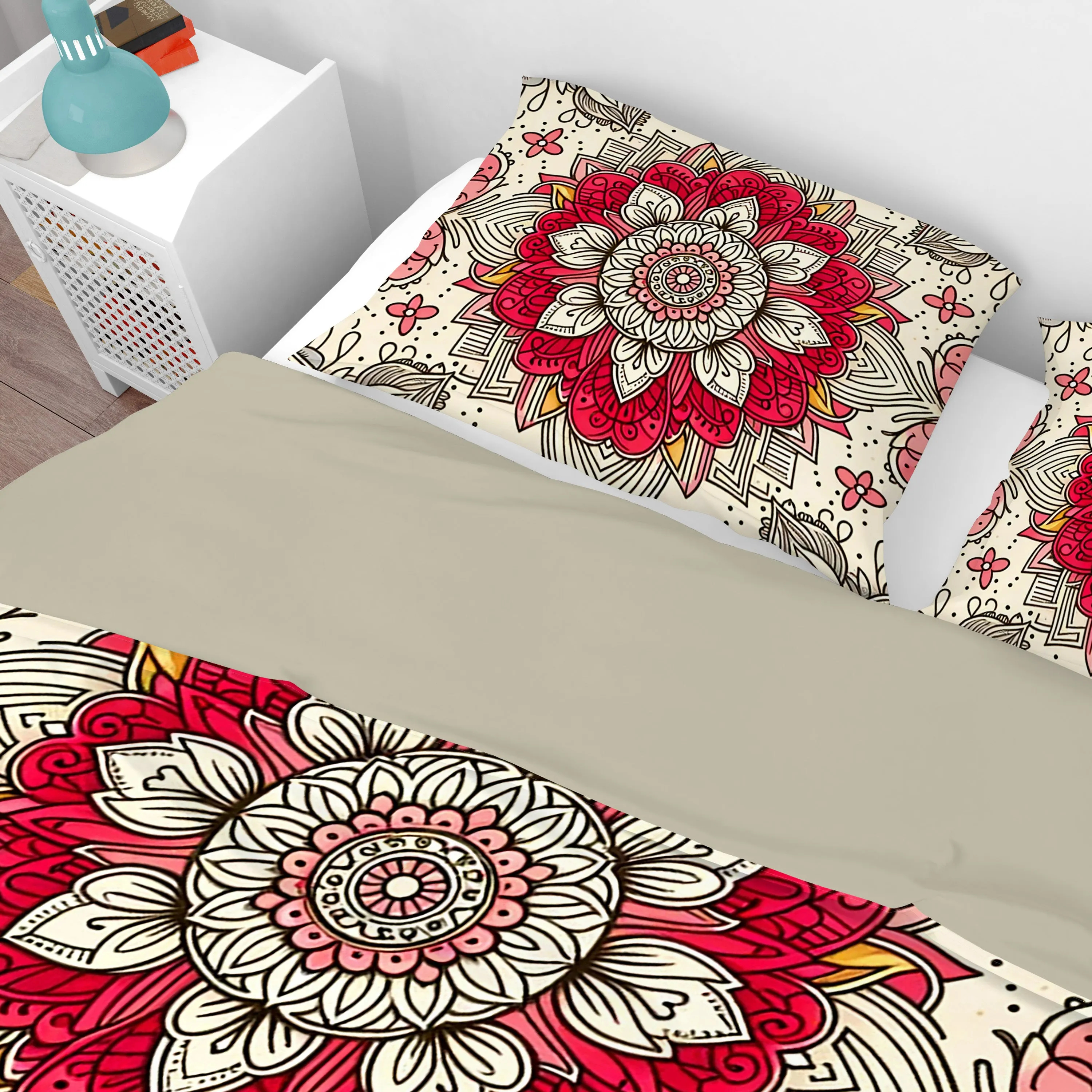 Bohemian Red Blossom Mandala Reversible Quilt Cover Duvet Cover Set