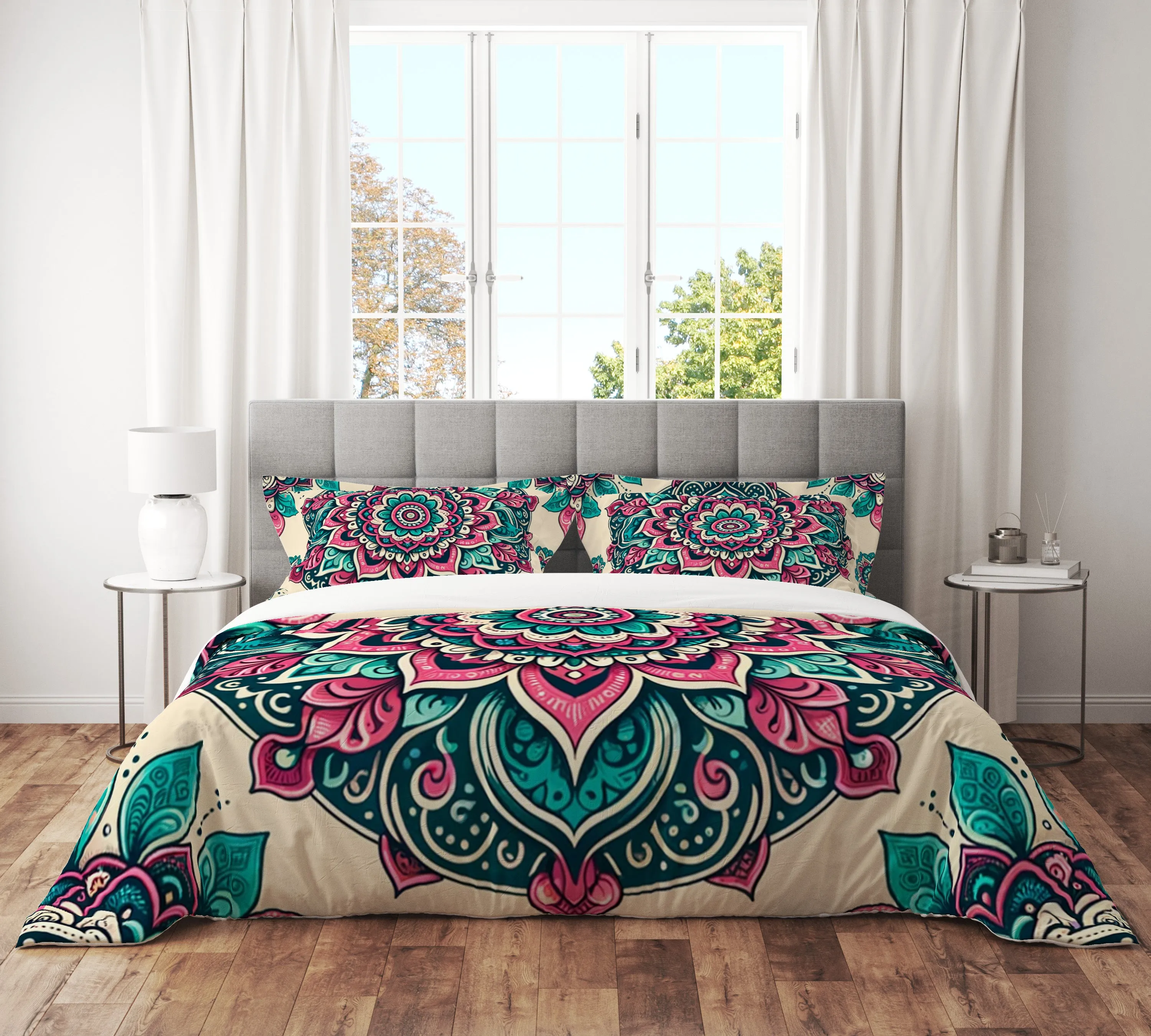 Bohemian Salmon Pink Indian Mandala Reversible Quilt Cover Duvet Cover Set