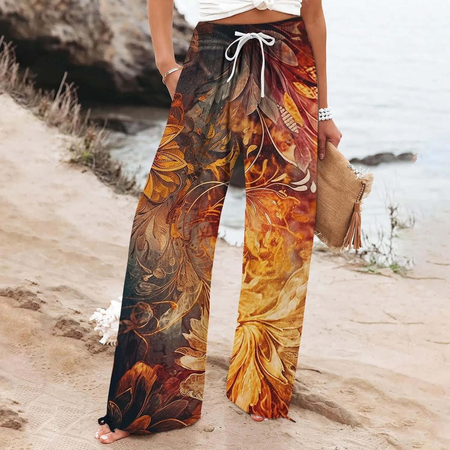 Boho Pants for Women Floral Print Cotton Linen Pant Elastic Waist Drawstring Summer Beach Baggy Trousers with Pocket