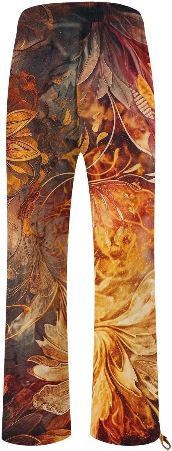 Boho Pants for Women Floral Print Cotton Linen Pant Elastic Waist Drawstring Summer Beach Baggy Trousers with Pocket