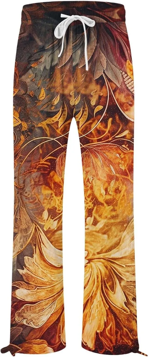 Boho Pants for Women Floral Print Cotton Linen Pant Elastic Waist Drawstring Summer Beach Baggy Trousers with Pocket