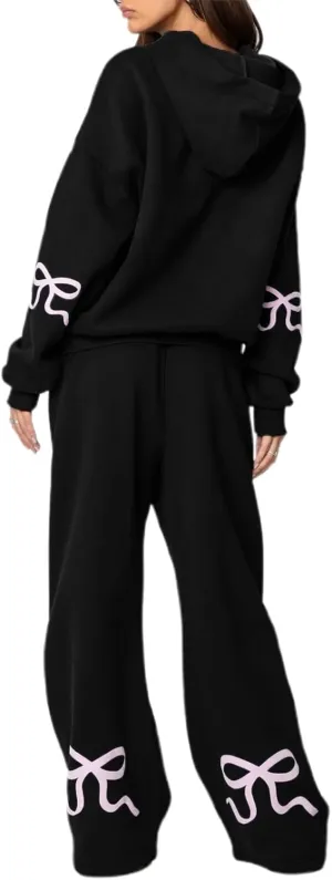Bow Print Sweat Set for Women Two Piece Tracksuit Long Sleeve Oversized Hoodie Wide Leg Sweatpants 2 Piece Outfits