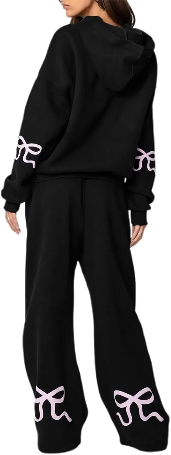 Bow Print Sweat Set for Women Two Piece Tracksuit Long Sleeve Oversized Hoodie Wide Leg Sweatpants 2 Piece Outfits
