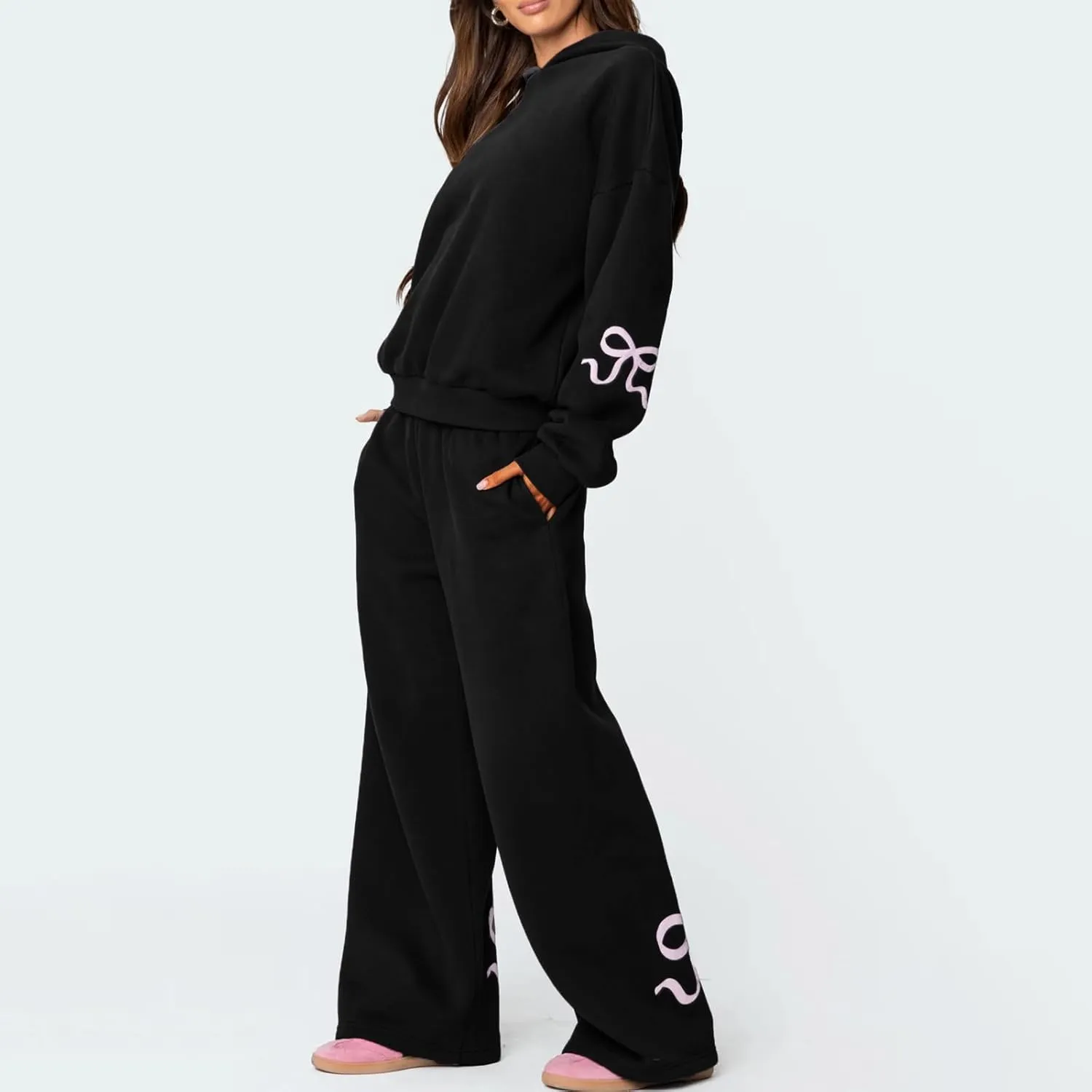 Bow Print Sweat Set for Women Two Piece Tracksuit Long Sleeve Oversized Hoodie Wide Leg Sweatpants 2 Piece Outfits
