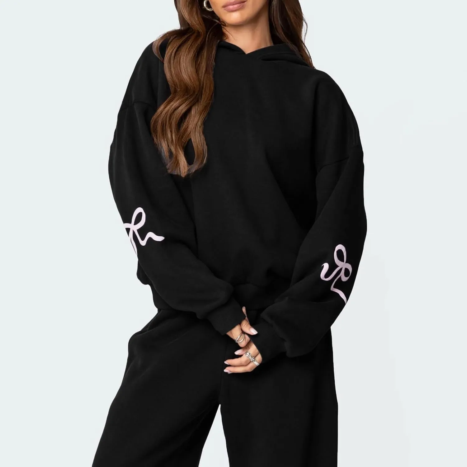 Bow Print Sweat Set for Women Two Piece Tracksuit Long Sleeve Oversized Hoodie Wide Leg Sweatpants 2 Piece Outfits