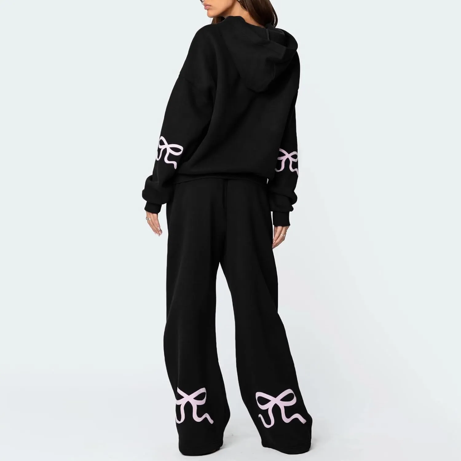 Bow Print Sweat Set for Women Two Piece Tracksuit Long Sleeve Oversized Hoodie Wide Leg Sweatpants 2 Piece Outfits