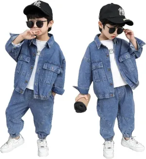 Boys' Long Sleeve Denim Trucker Snap Button Down Jacket Jeans Suits
