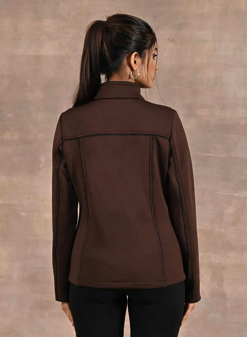 Brown Fleece Jacket with Decorative Stitch on Front