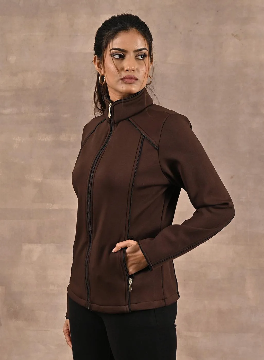 Brown Fleece Jacket with Decorative Stitch on Front
