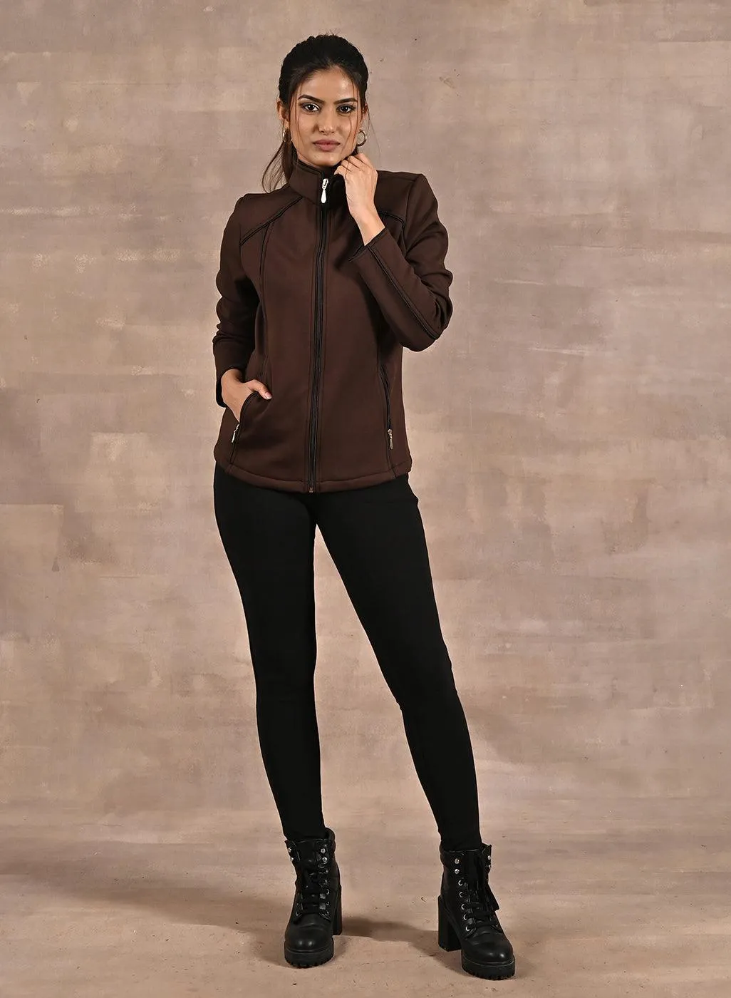 Brown Fleece Jacket with Decorative Stitch on Front