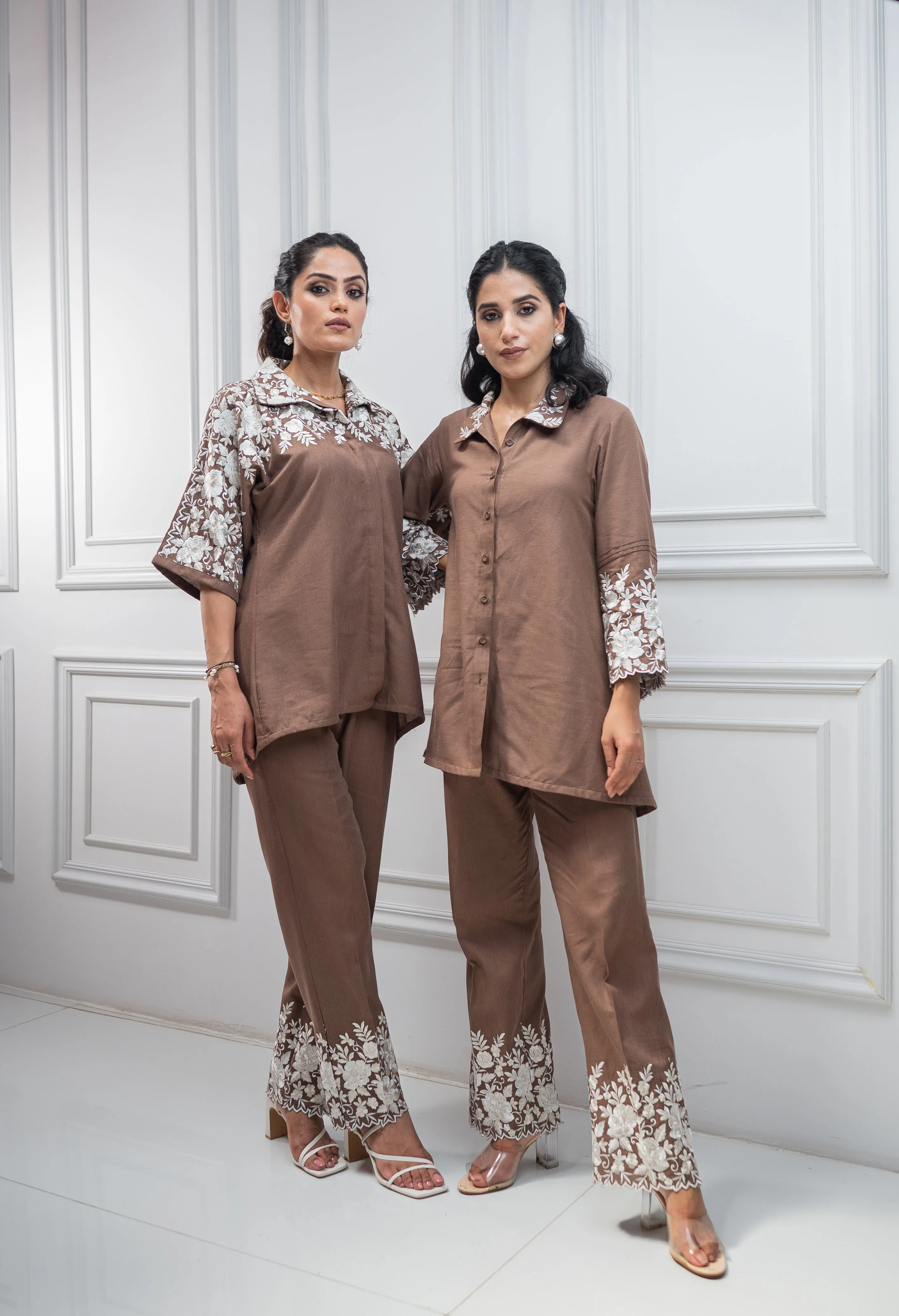 Brown Floral Embroidered Co-ord Set