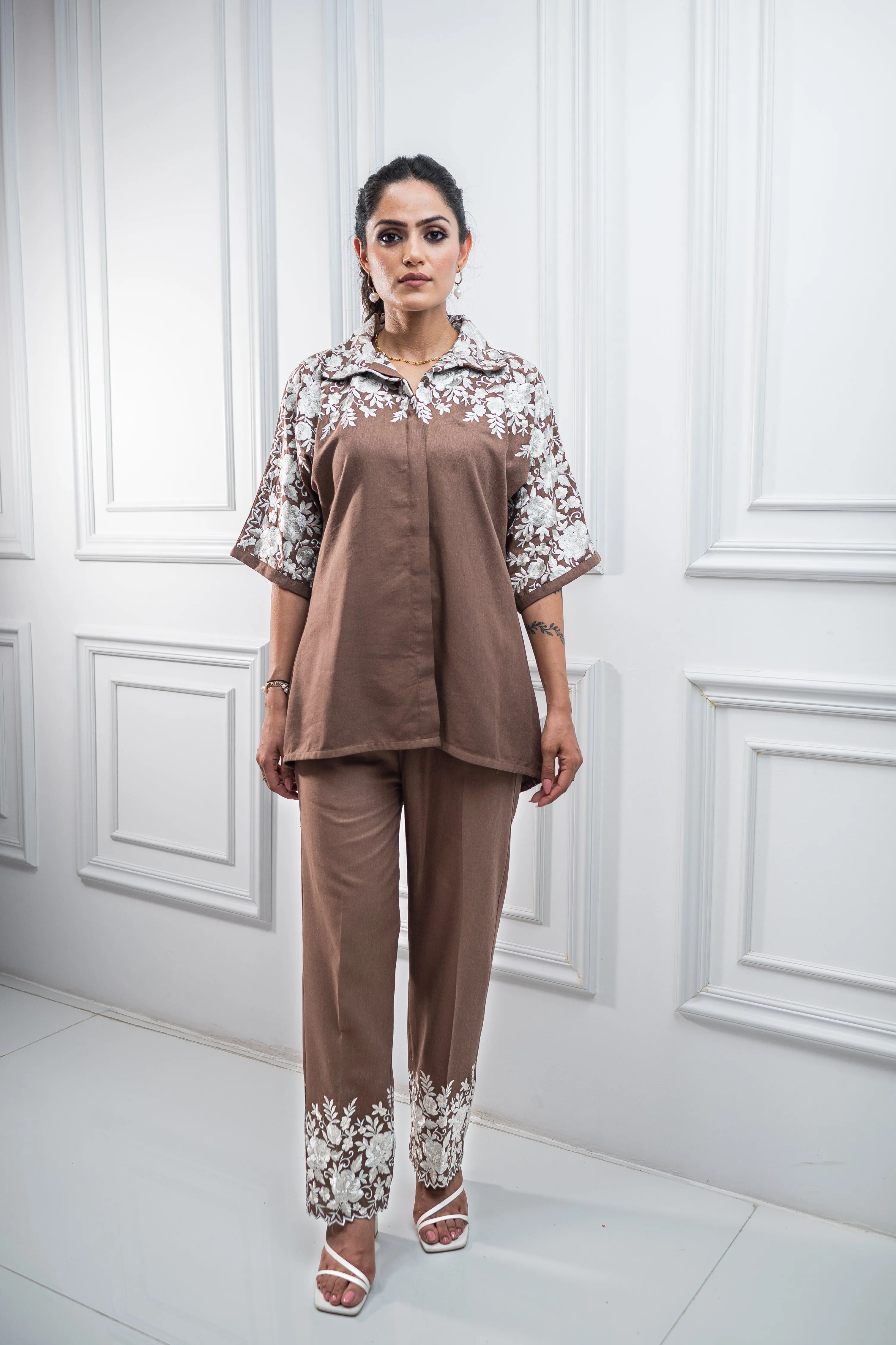 Brown Floral Embroidered Co-ord Set